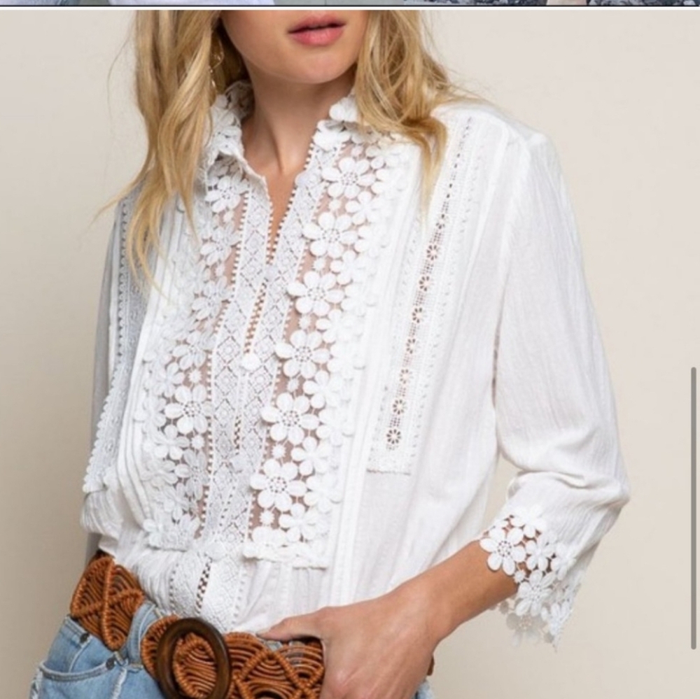 White Applique Floral Blouse